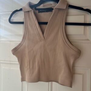 Maniere De Voir Beige Ribbed V-Collar Sleeveless Crop Tank